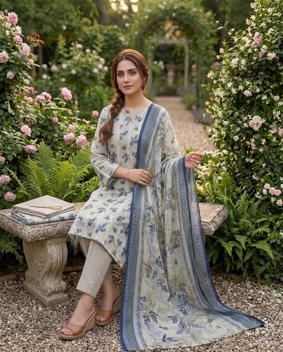 ‎‎‎‎‎‎‎‎‎‎‎‎‎‎‎‎‎LIMELIGHT-3PC LAWN PRINTED EMBROIDERED SHIRT WITH LAWN PRINTED DUPATTA AND DYED COTTON TROUSER AHZ-0003