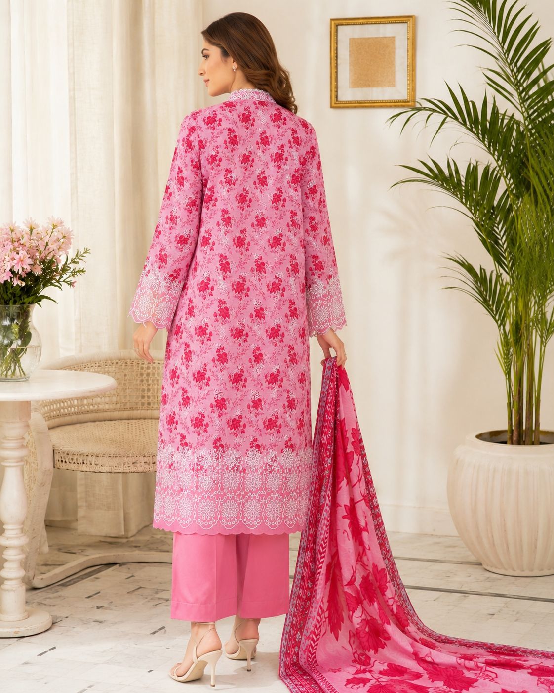 LIMELIGHT-3PC LAWN PRINTED EMBROIDERED SHIRT WITH LAWN PRINTED DUPATTA AND DYED COTTON TROUSER AHZ-0004