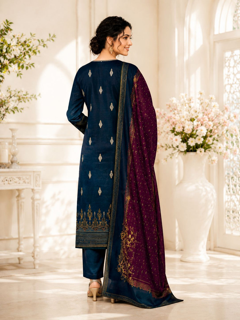 BIN SAEED-3PC LAWN PRINTED EMBROIDERED SHIRT WITH LAWN PRINTED DUPATTA AND DYED COTTON TROUSER AHZ-0005