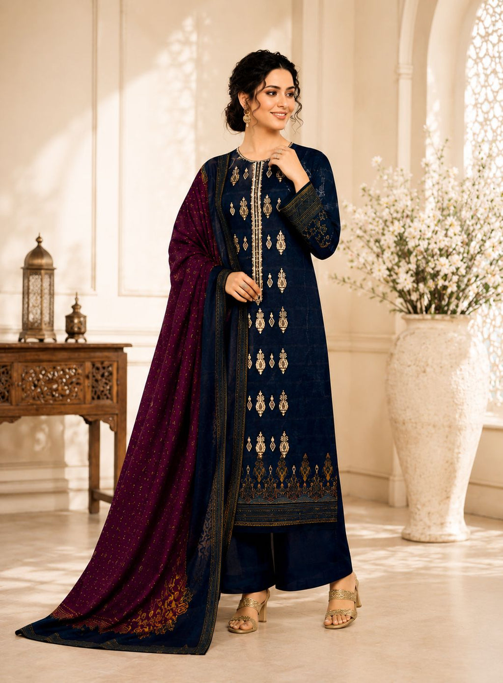 BIN SAEED-3PC LAWN PRINTED EMBROIDERED SHIRT WITH LAWN PRINTED DUPATTA AND DYED COTTON TROUSER AHZ-0005