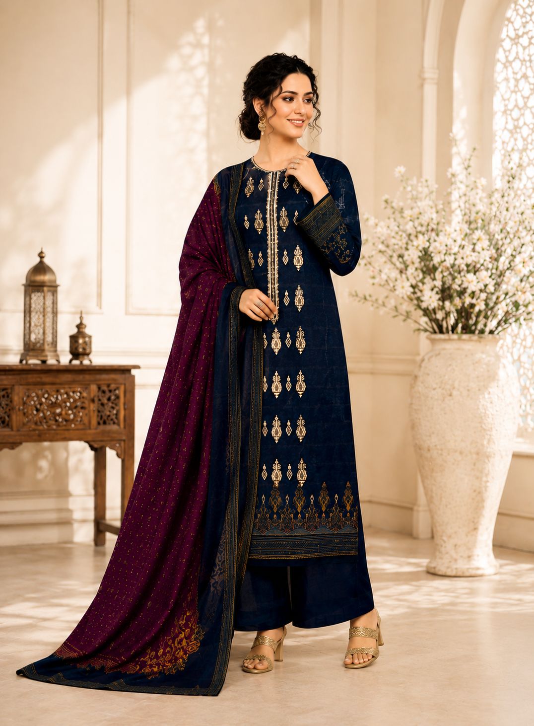 BIN SAEED-3PC LAWN PRINTED EMBROIDERED SHIRT WITH LAWN PRINTED DUPATTA AND DYED COTTON TROUSER AHZ-0005