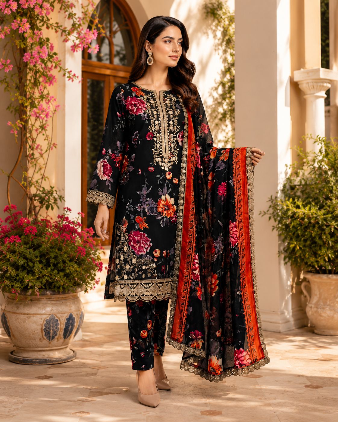 ‎‎‎‎‎‎‎‎‎‎‎‎‎‎‎‎‎‎‎‎‎BAREEZE-3PC PRINTED LAWN SHIRT WITH CHIKANKARI DAMAN PATCH EMBROIDERED PRINTED CHIFFON DUPATTA AND TROUSER AHZ-0006