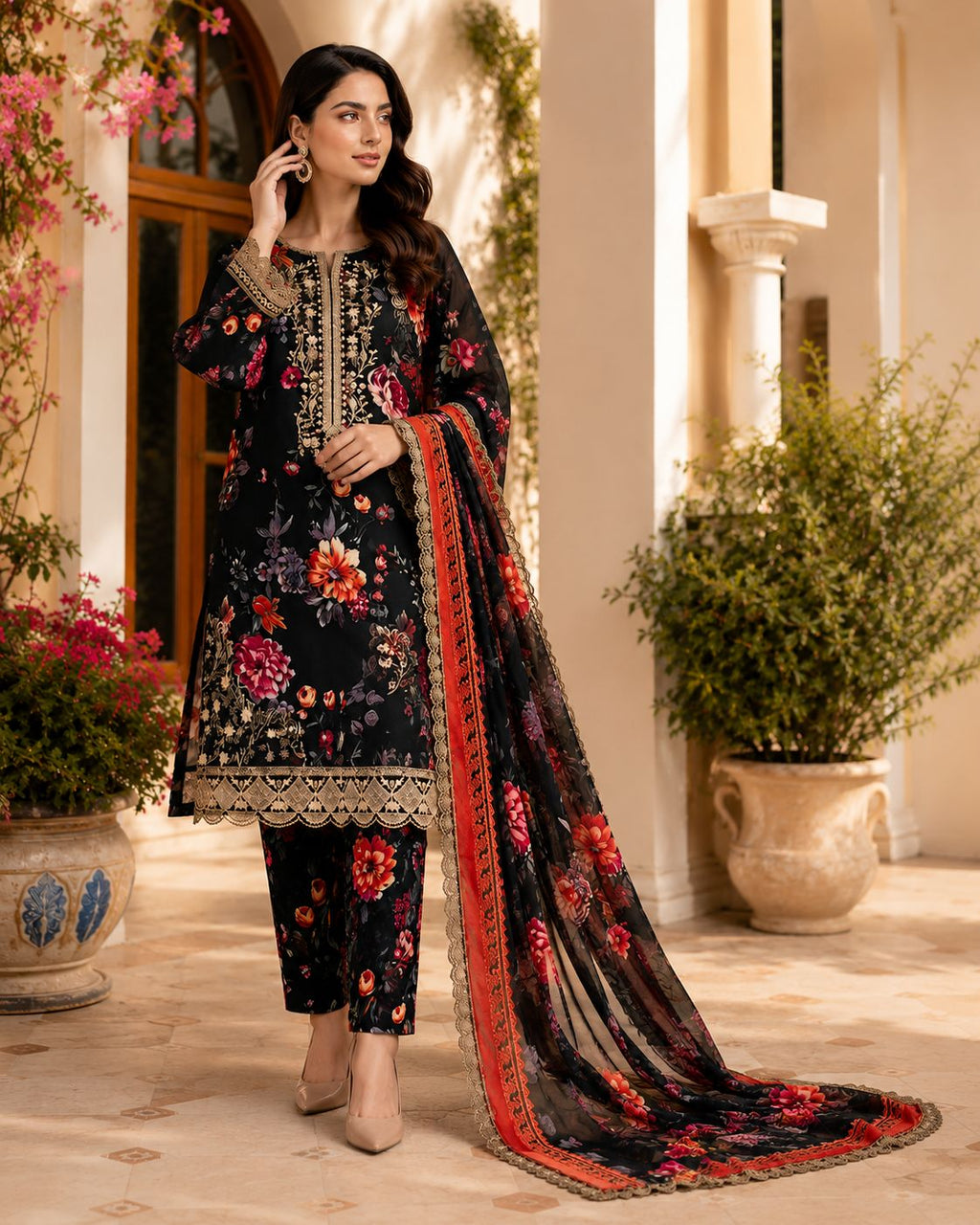 ‎‎‎‎‎‎‎‎‎‎‎‎‎‎‎‎‎‎‎‎‎BAREEZE-3PC PRINTED LAWN SHIRT WITH CHIKANKARI DAMAN PATCH EMBROIDERED PRINTED CHIFFON DUPATTA AND TROUSER AHZ-0006