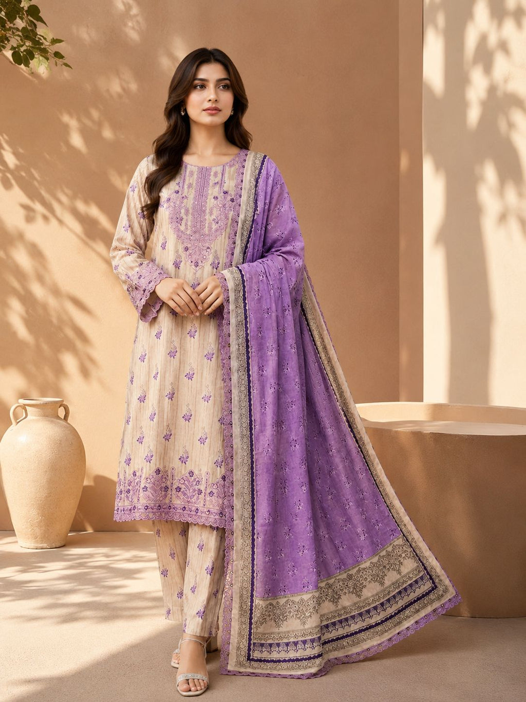 BAREEZE-3PC PRINTED LAWN SHIRT WITH CHIKANKARI DAMAN PATCH EMBROIDERED PRINTED CHIFFON DUPATTA AND TROUSER AHZ-0007