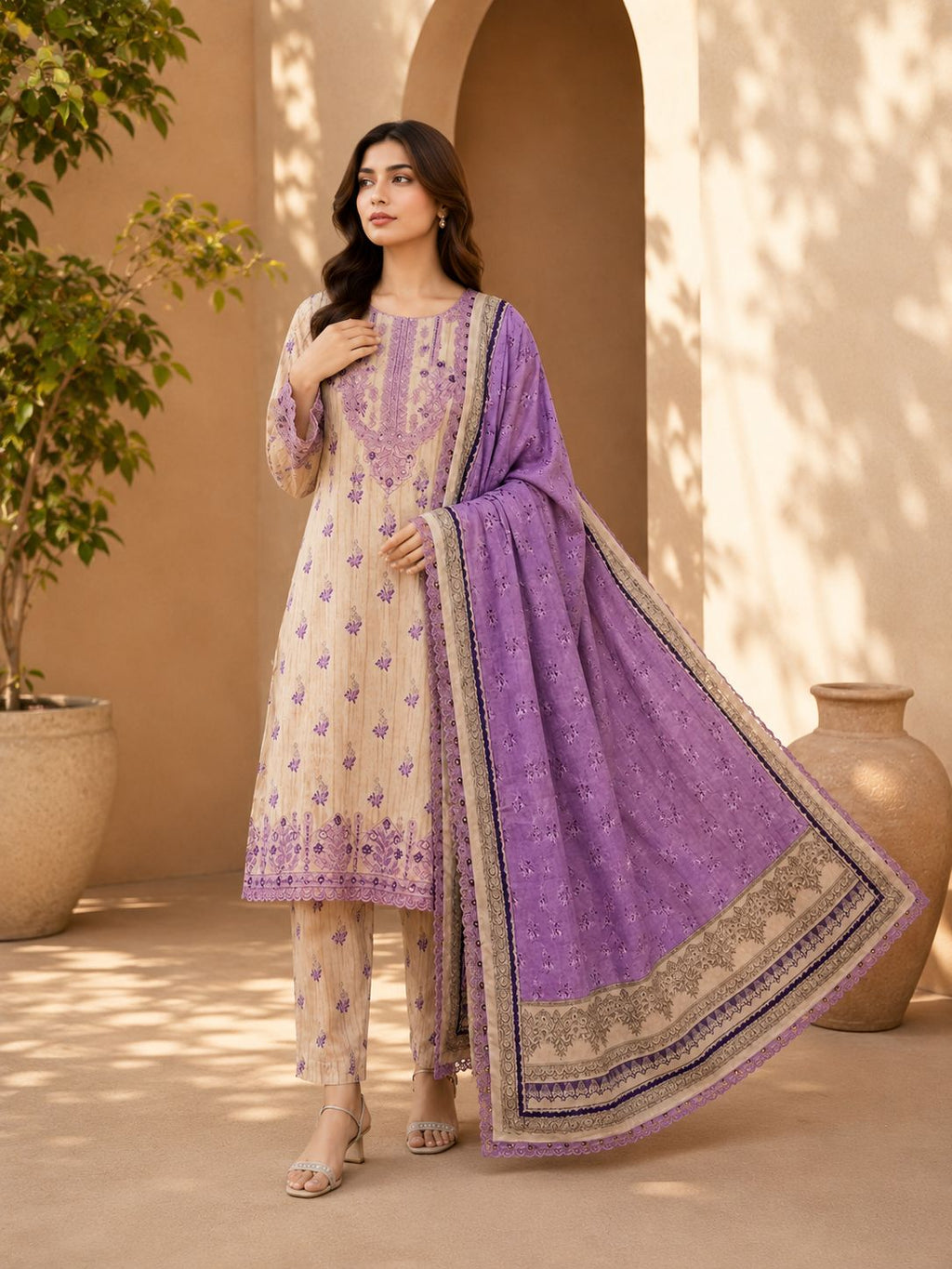 BAREEZE-3PC PRINTED LAWN SHIRT WITH CHIKANKARI DAMAN PATCH EMBROIDERED PRINTED CHIFFON DUPATTA AND TROUSER AHZ-0007
