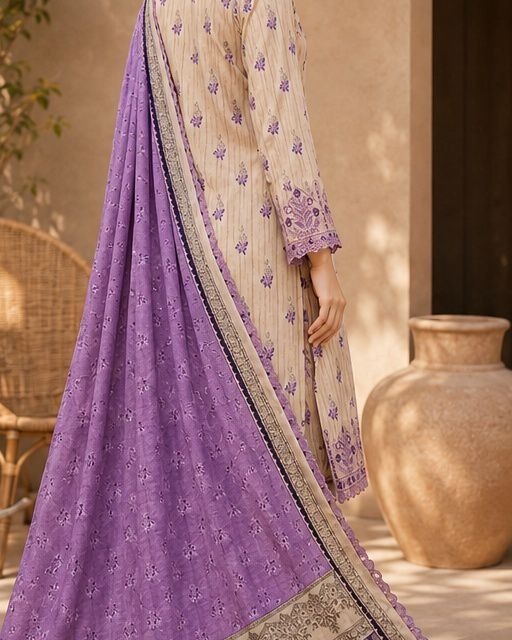 BAREEZE-3PC PRINTED LAWN SHIRT WITH CHIKANKARI DAMAN PATCH EMBROIDERED PRINTED CHIFFON DUPATTA AND TROUSER AHZ-0007