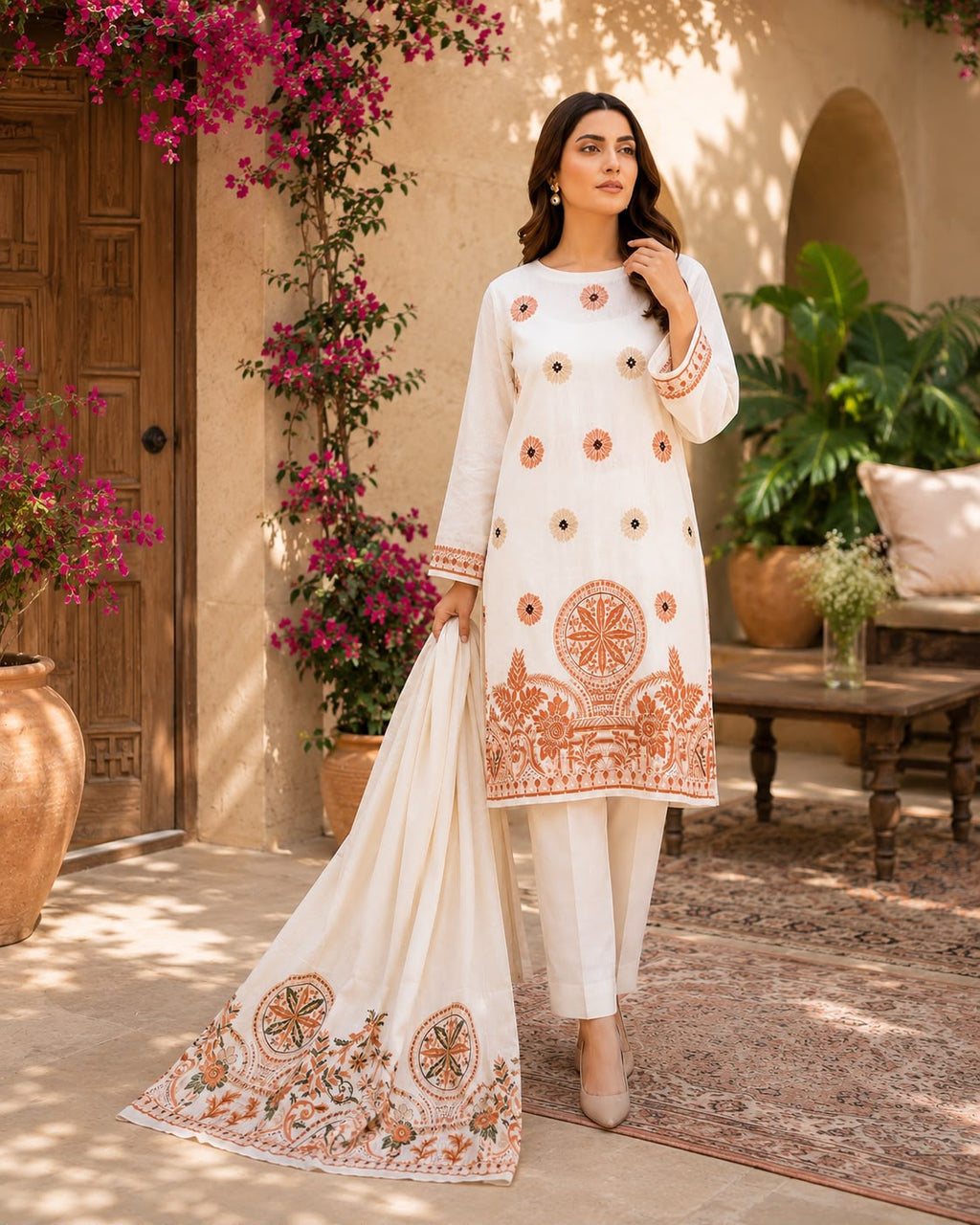 SAYA-3PC LAWN JACQUARD PRINTED SHIRT WITH LAWN JACQUARD PRINTED DUPATTA AND DYED COTTON TROUSER AHZ-0009
