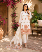 SAYA-3PC LAWN JACQUARD PRINTED SHIRT WITH LAWN JACQUARD PRINTED DUPATTA AND DYED COTTON TROUSER AHZ-0009
