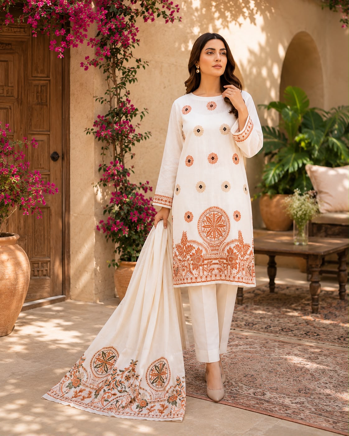 SAYA-3PC LAWN JACQUARD PRINTED SHIRT WITH LAWN JACQUARD PRINTED DUPATTA AND DYED COTTON TROUSER AHZ-0009