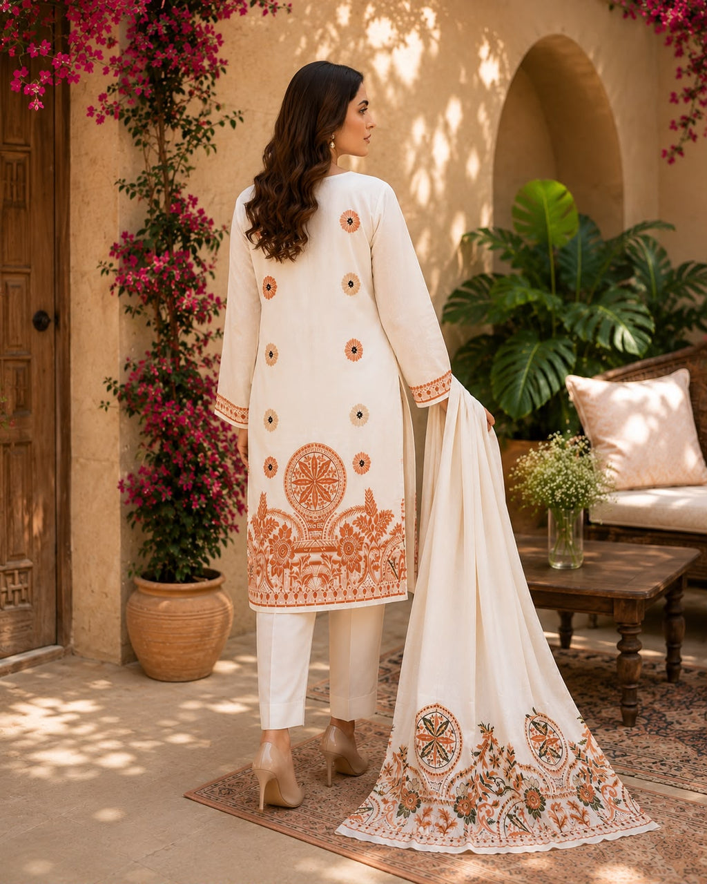 SAYA-3PC LAWN JACQUARD PRINTED SHIRT WITH LAWN JACQUARD PRINTED DUPATTA AND DYED COTTON TROUSER AHZ-0009