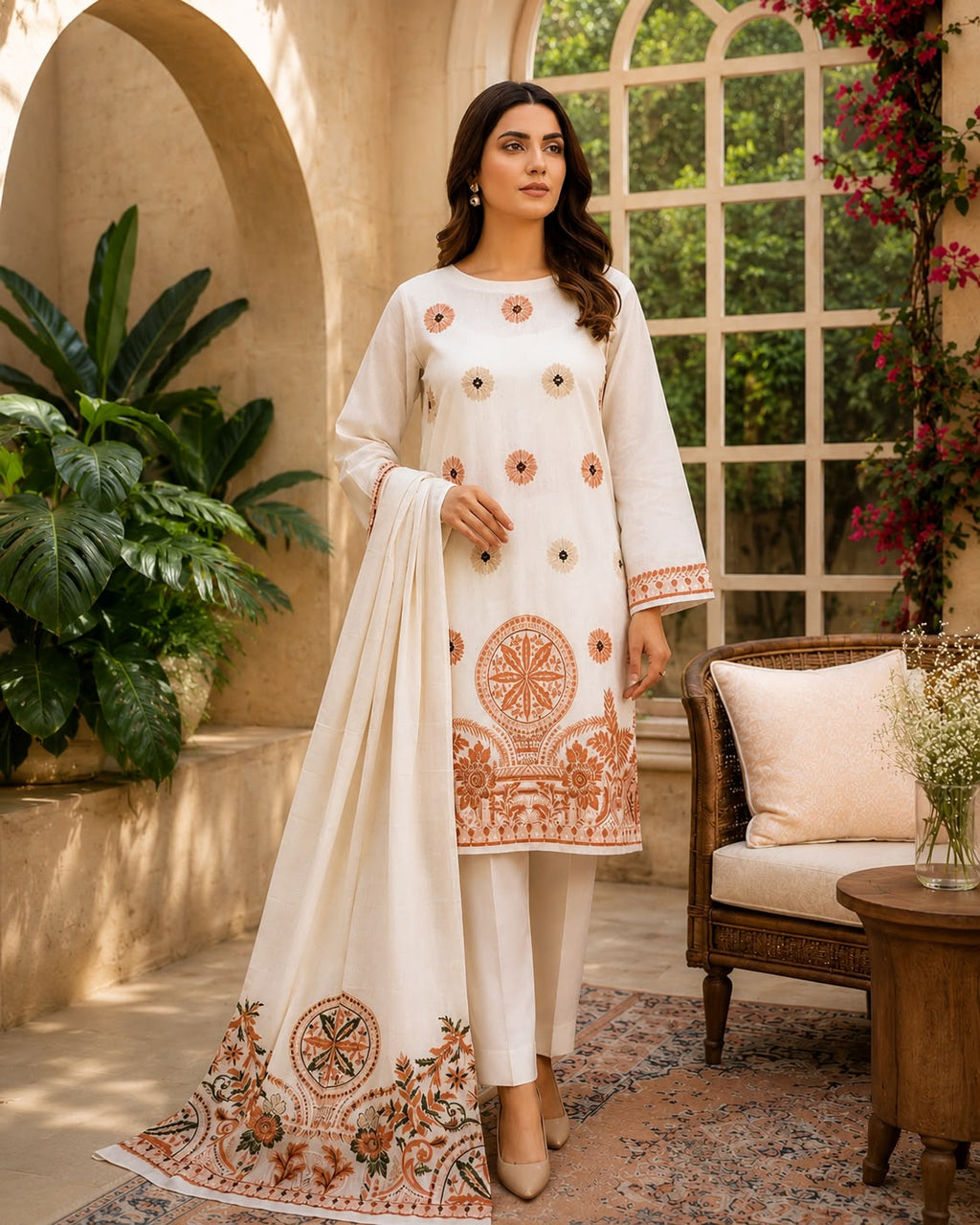 SAYA-3PC LAWN JACQUARD PRINTED SHIRT WITH LAWN JACQUARD PRINTED DUPATTA AND DYED COTTON TROUSER AHZ-0009