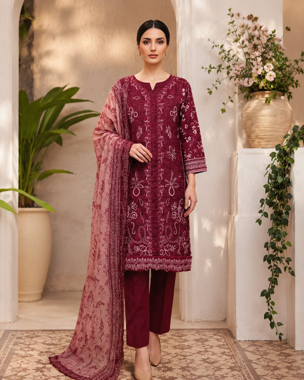 ‎‎‎‎‎‎‎‎‎‎‎‎‎‎‎‎‎RIMAL-3PC EMBROIDERED SHINE LAWN SHIRT WITH TISSUE DAMAN PATCH PRINTED LAWN DUPATTA AND TROUSER AHZ-0010