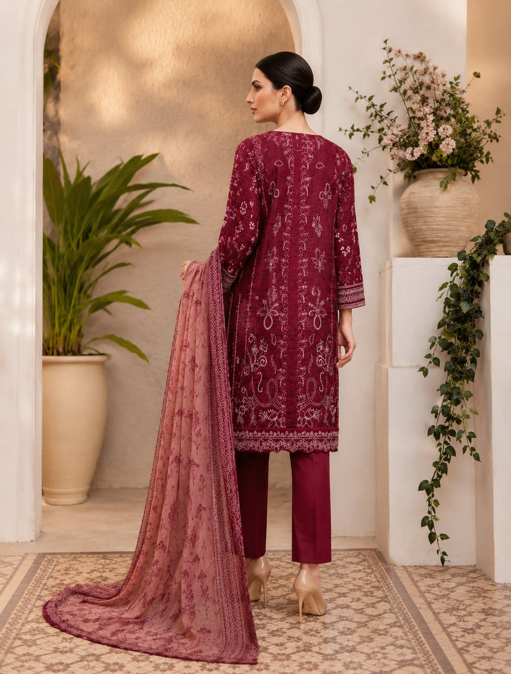 ‎‎‎‎‎‎‎‎‎‎‎‎‎‎‎‎‎RIMAL-3PC EMBROIDERED SHINE LAWN SHIRT WITH TISSUE DAMAN PATCH PRINTED LAWN DUPATTA AND TROUSER AHZ-0010