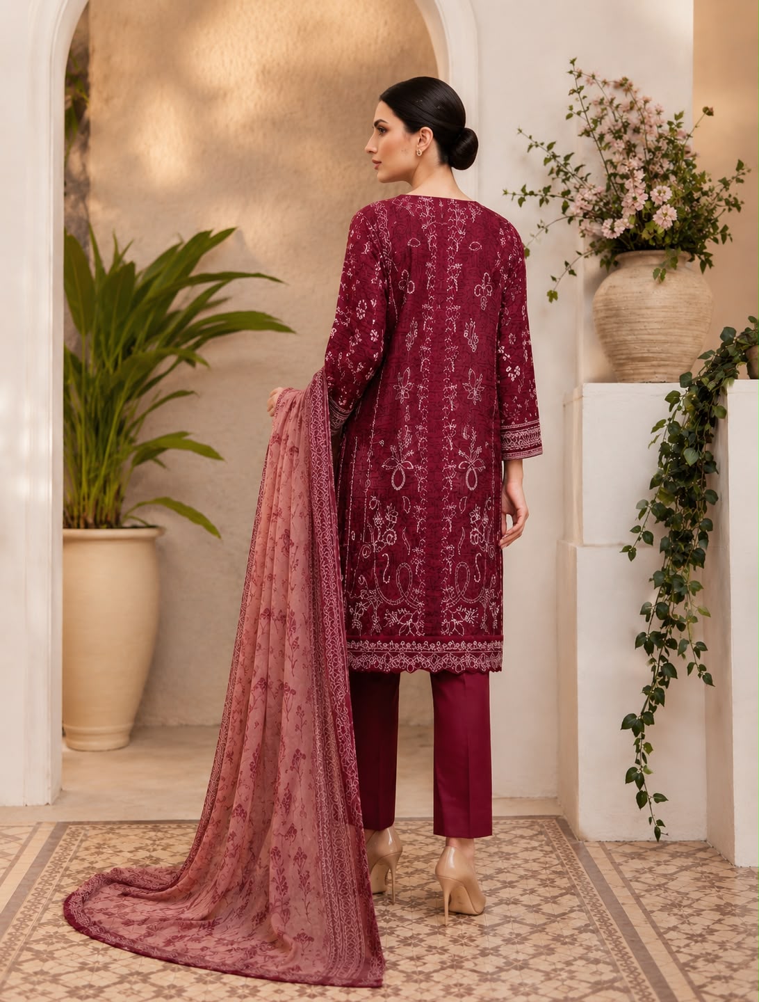 ‎‎‎‎‎‎‎‎‎‎‎‎‎‎‎‎‎RIMAL-3PC EMBROIDERED SHINE LAWN SHIRT WITH TISSUE DAMAN PATCH PRINTED LAWN DUPATTA AND TROUSER AHZ-0010