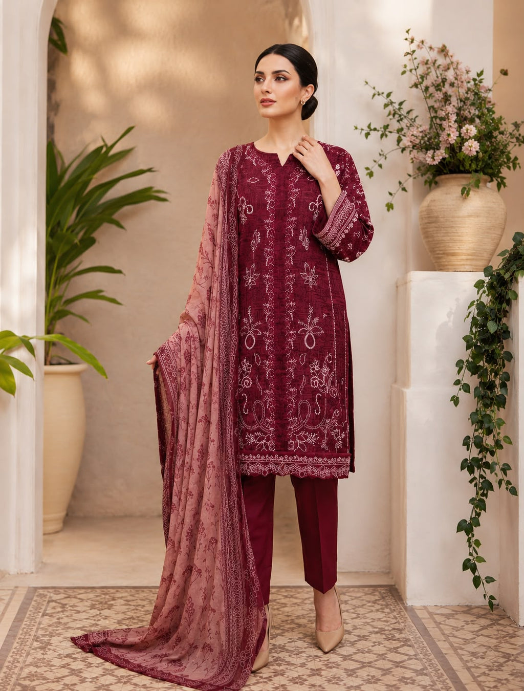 ‎‎‎‎‎‎‎‎‎‎‎‎‎‎‎‎‎RIMAL-3PC EMBROIDERED SHINE LAWN SHIRT WITH TISSUE DAMAN PATCH PRINTED LAWN DUPATTA AND TROUSER AHZ-0010