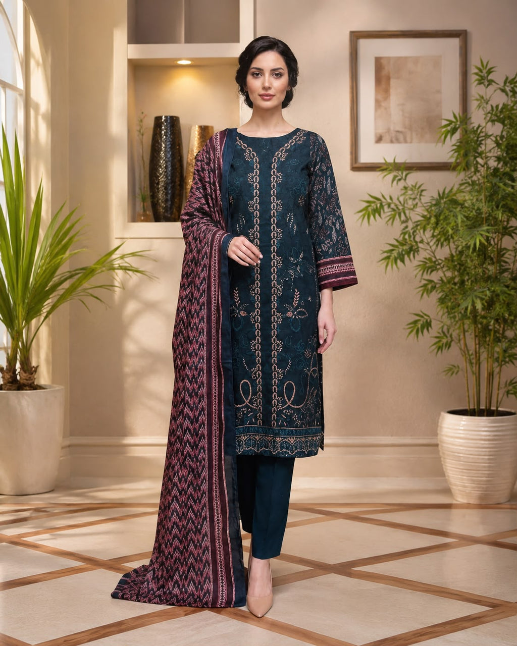 ‎‎‎‎‎‎‎‎‎‎‎‎‎‎‎‎‎RIMAL-3PC EMBROIDERED SHINE LAWN SHIRT WITH TISSUE DAMAN PATCH PRINTED LAWN DUPATTA AND TROUSER AHZ-0011