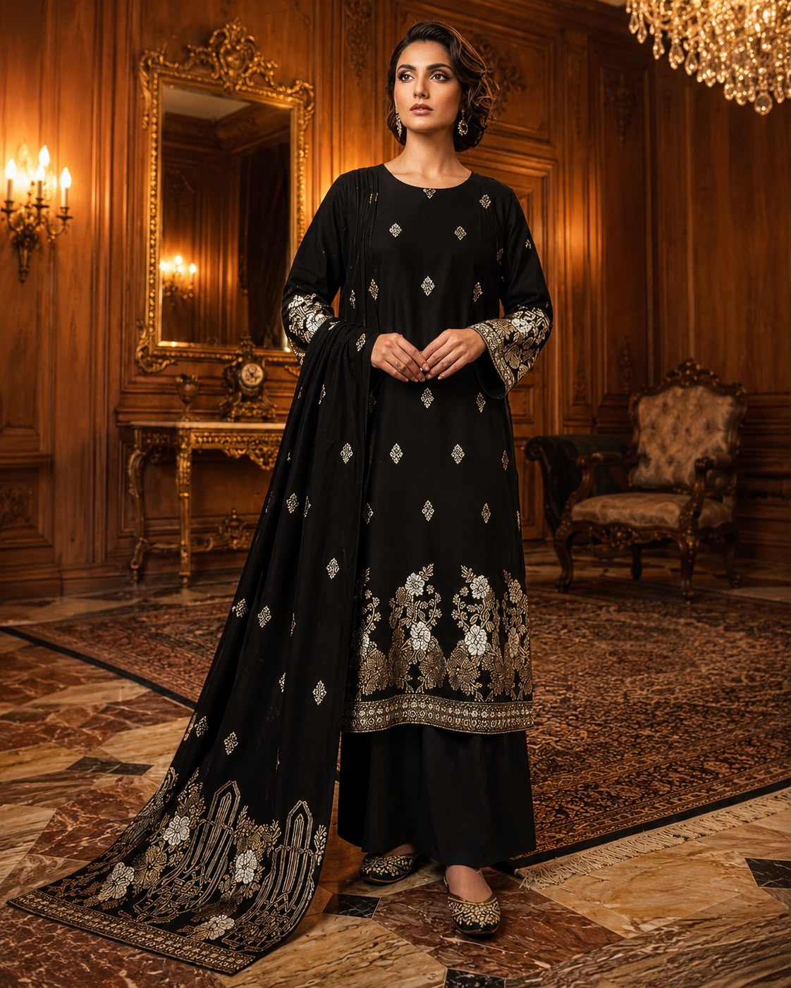 RIMAL-3PC LAWN JACQUARD PRINTED SHIRT WITH LAWN JACQUARD PRINTED DUPATTA AND DYED COTTON TROUSER AHZ-0013