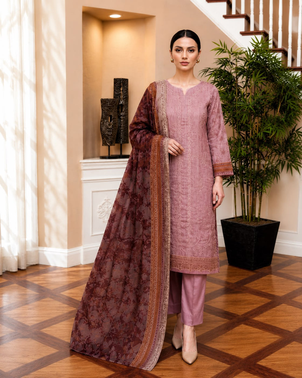 ‎‎‎‎‎‎‎‎‎‎‎‎‎‎‎‎‎RIMAL-3PC EMBROIDERED SHINE LAWN SHIRT WITH TISSUE DAMAN PATCH PRINTED LAWN DUPATTA AND TROUSER AHZ-0015