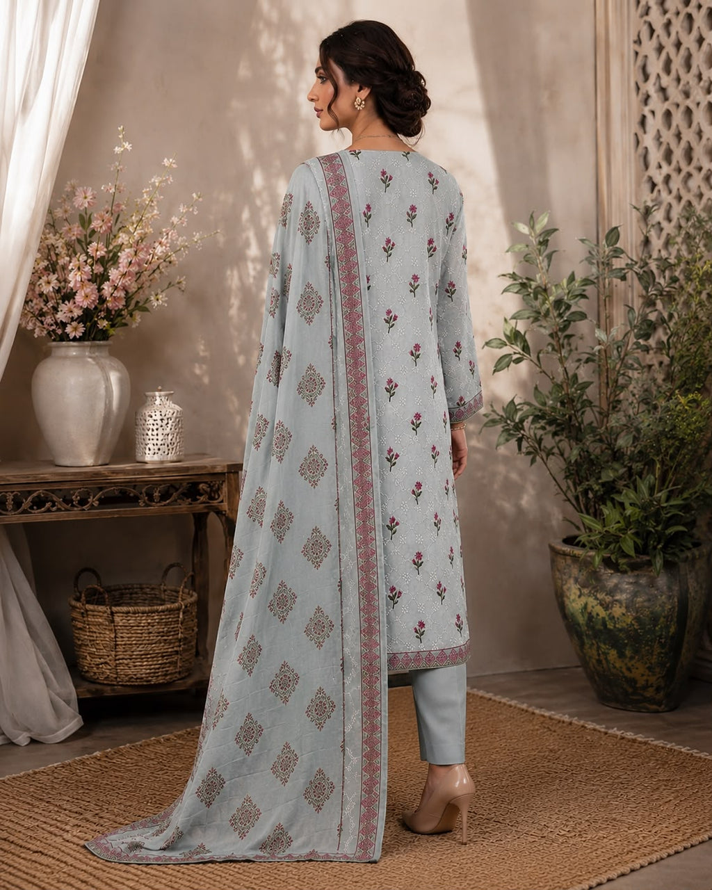 ‎‎‎‎‎‎‎‎‎‎‎‎‎‎‎‎‎RANGREZA-3PC LAWN PRINTED SCHIFFLI SHIRT WITH LAWN PRINTED SCHIFFLI DUPATTA AND DYED CAMBRIC TROUSER AHZ-0016