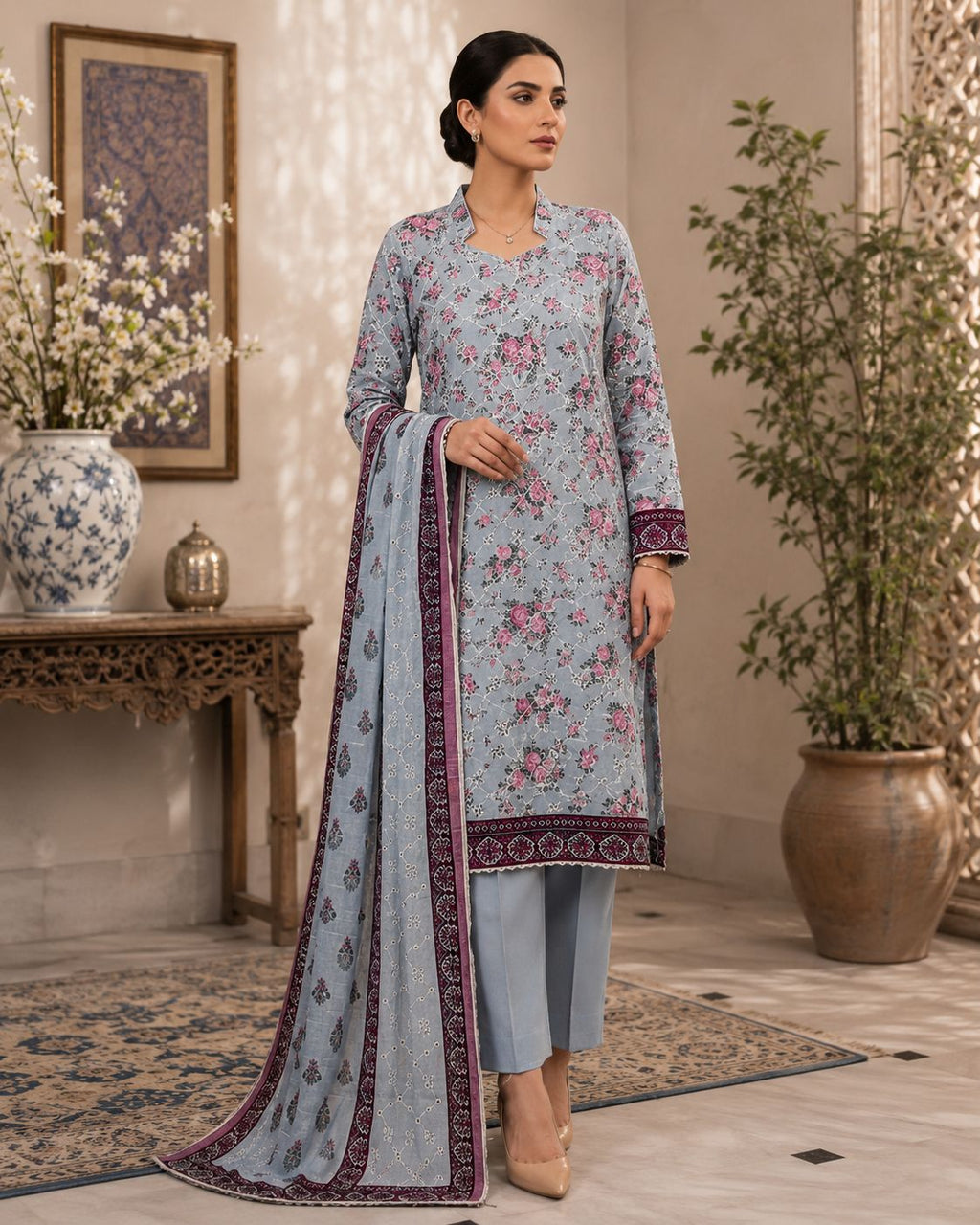 RANGREZA-3PC LAWN PRINTED SCHIFFLI SHIRT WITH LAWN PRINTED SCHIFFLI DUPATTA AND DYED CAMBRIC TROUSER AHZ-0017