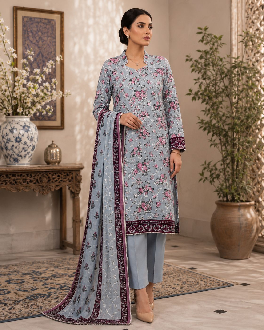 RANGREZA-3PC LAWN PRINTED SCHIFFLI SHIRT WITH LAWN PRINTED SCHIFFLI DUPATTA AND DYED CAMBRIC TROUSER AHZ-0017