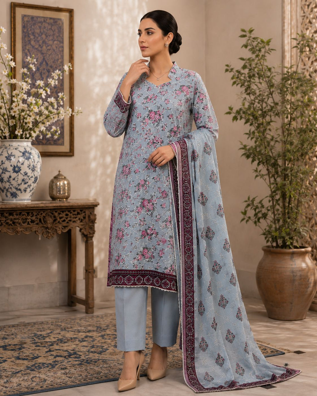 RANGREZA-3PC LAWN PRINTED SCHIFFLI SHIRT WITH LAWN PRINTED SCHIFFLI DUPATTA AND DYED CAMBRIC TROUSER AHZ-0017