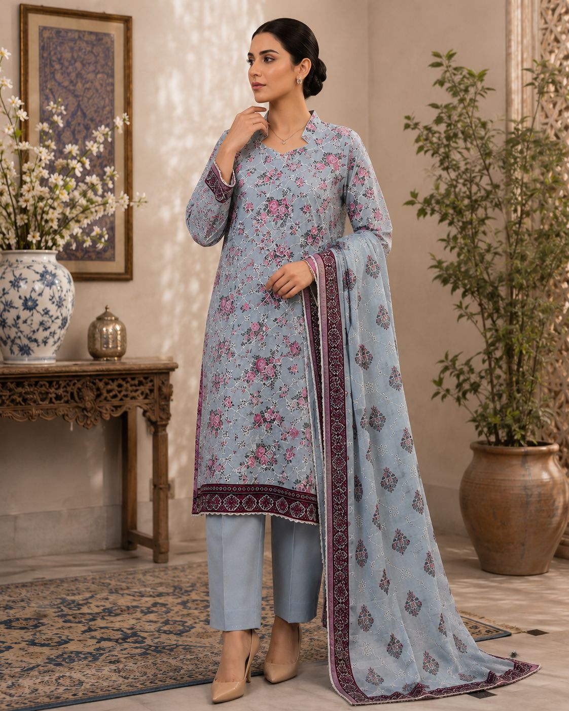 RANGREZA-3PC LAWN PRINTED SCHIFFLI SHIRT WITH LAWN PRINTED SCHIFFLI DUPATTA AND DYED CAMBRIC TROUSER AHZ-0017