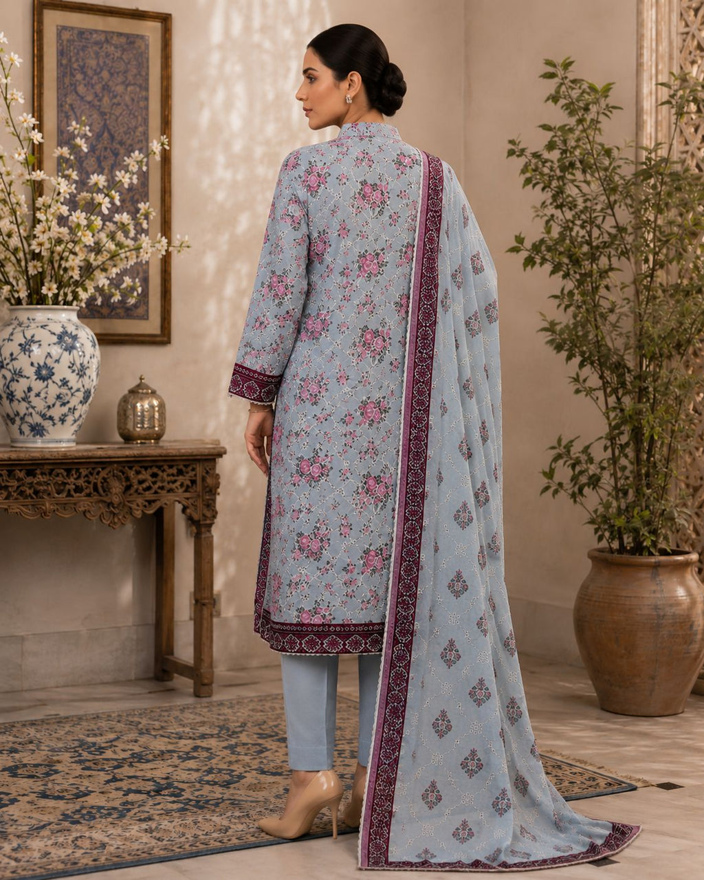 RANGREZA-3PC LAWN PRINTED SCHIFFLI SHIRT WITH LAWN PRINTED SCHIFFLI DUPATTA AND DYED CAMBRIC TROUSER AHZ-0017