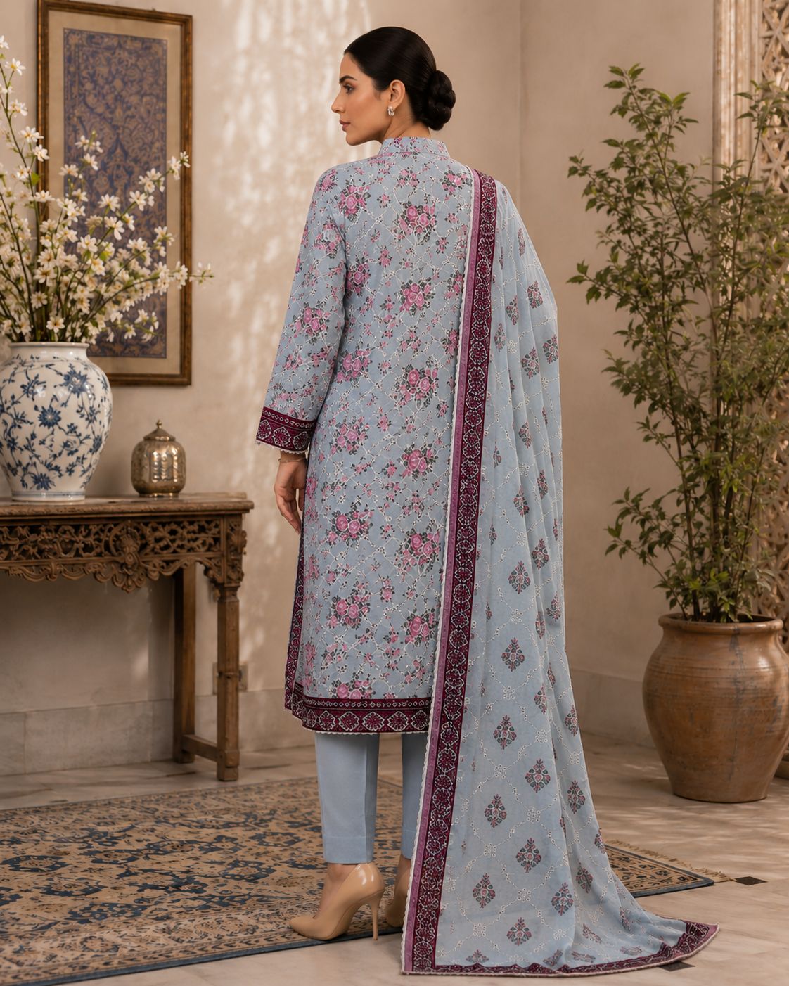 RANGREZA-3PC LAWN PRINTED SCHIFFLI SHIRT WITH LAWN PRINTED SCHIFFLI DUPATTA AND DYED CAMBRIC TROUSER AHZ-0017