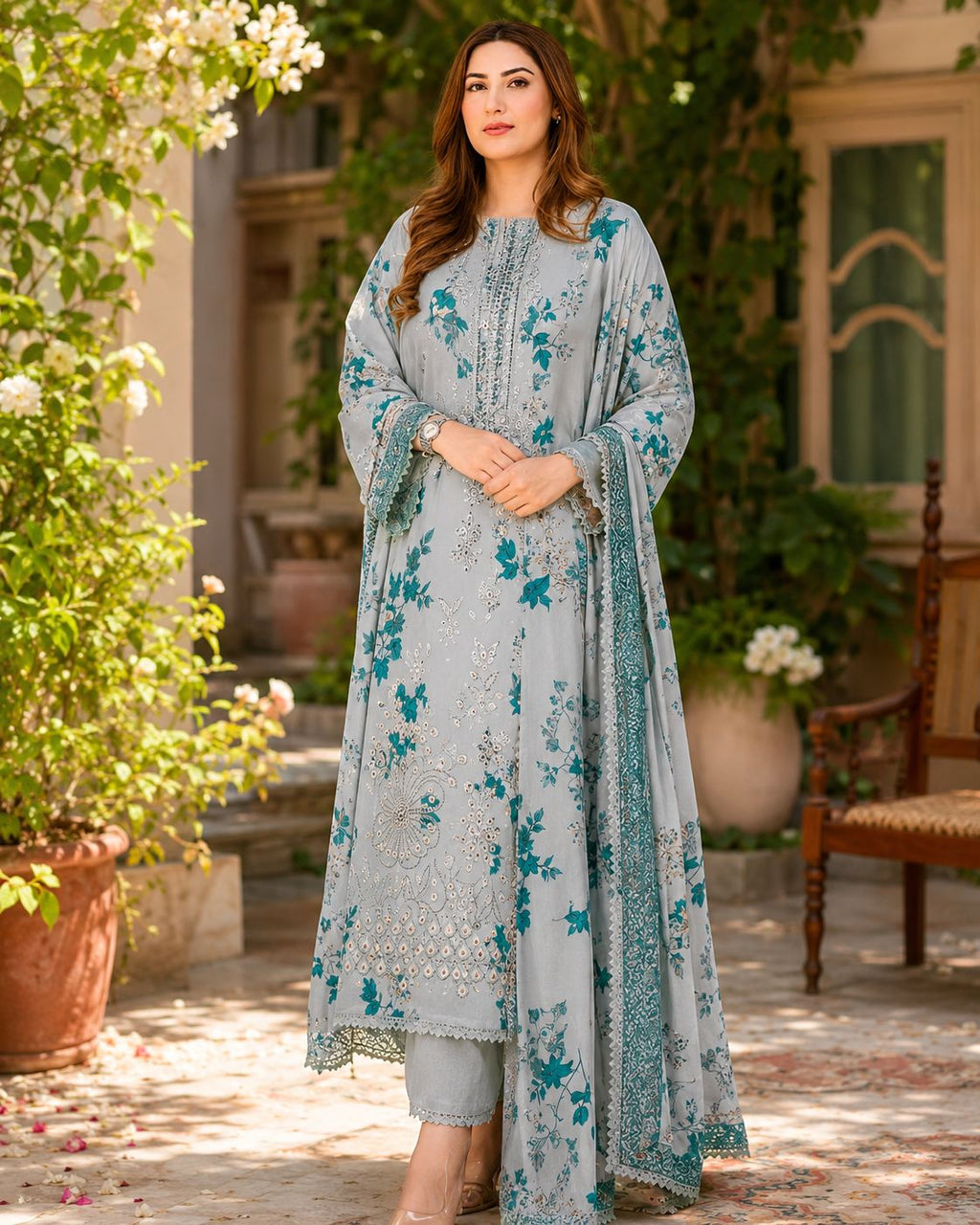 IZNIK-3PC LAWN EMBROIDERED SHIRT WITH CHIFFON PRINTED DUPATTA AND TROUSER-AHZ-0018