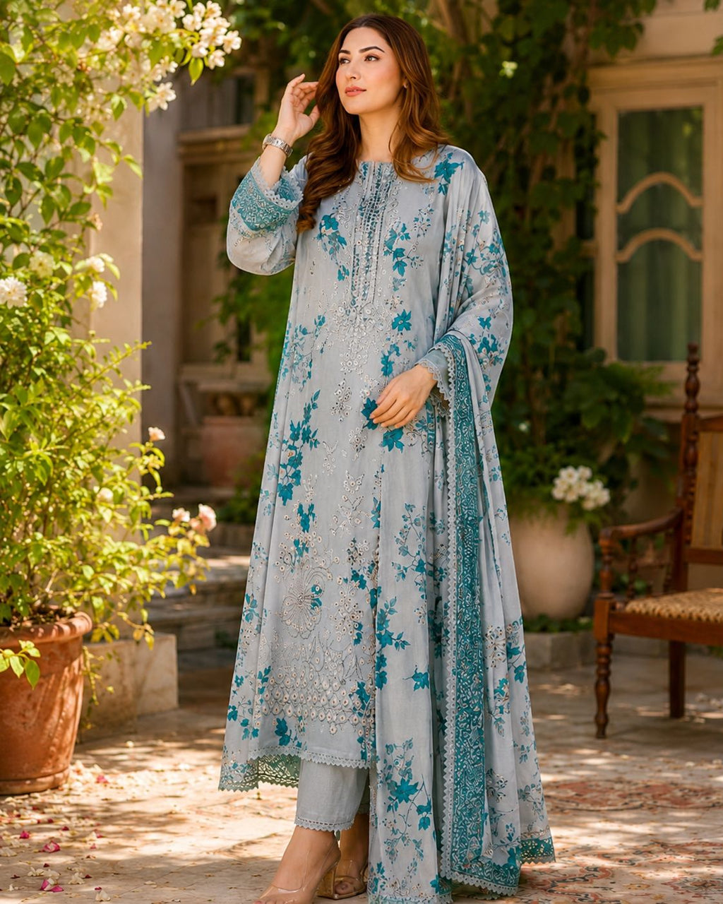 IZNIK-3PC LAWN EMBROIDERED SHIRT WITH CHIFFON PRINTED DUPATTA AND TROUSER-AHZ-0018