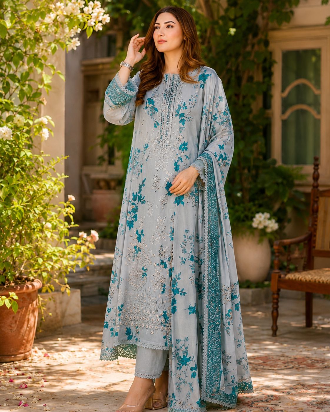 IZNIK-3PC LAWN EMBROIDERED SHIRT WITH CHIFFON PRINTED DUPATTA AND TROUSER-AHZ-0018