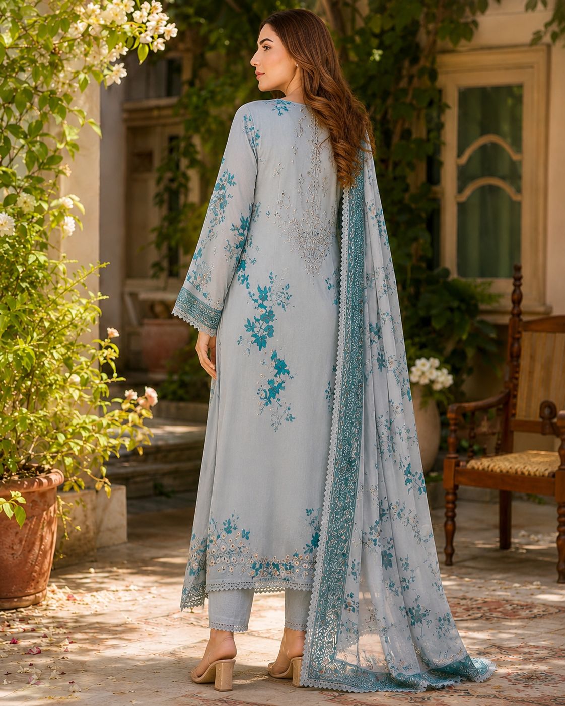 IZNIK-3PC LAWN EMBROIDERED SHIRT WITH CHIFFON PRINTED DUPATTA AND TROUSER-AHZ-0018
