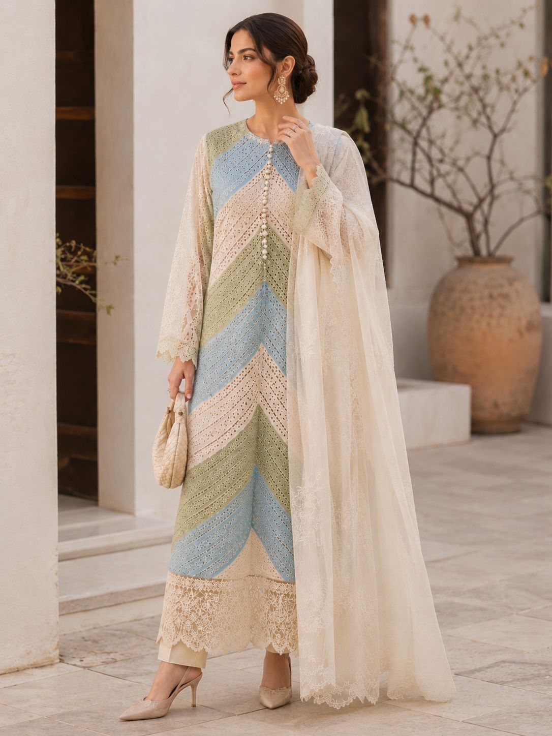 ‎‎‎‎MARIA B- 3PC LAWN HEAVY EMBROIDERED SHIRT WITH PRINTED CHIFFON  DUPATTA AND TROUSER-AHZ-0021