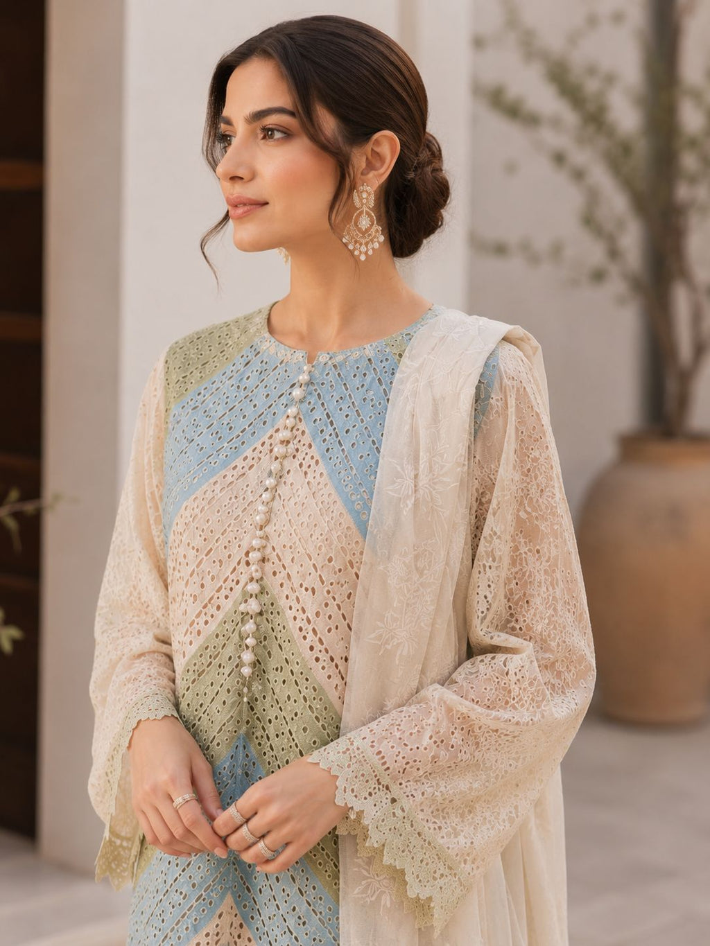 ‎‎‎‎MARIA B- 3PC LAWN HEAVY EMBROIDERED SHIRT WITH PRINTED CHIFFON  DUPATTA AND TROUSER-AHZ-0021