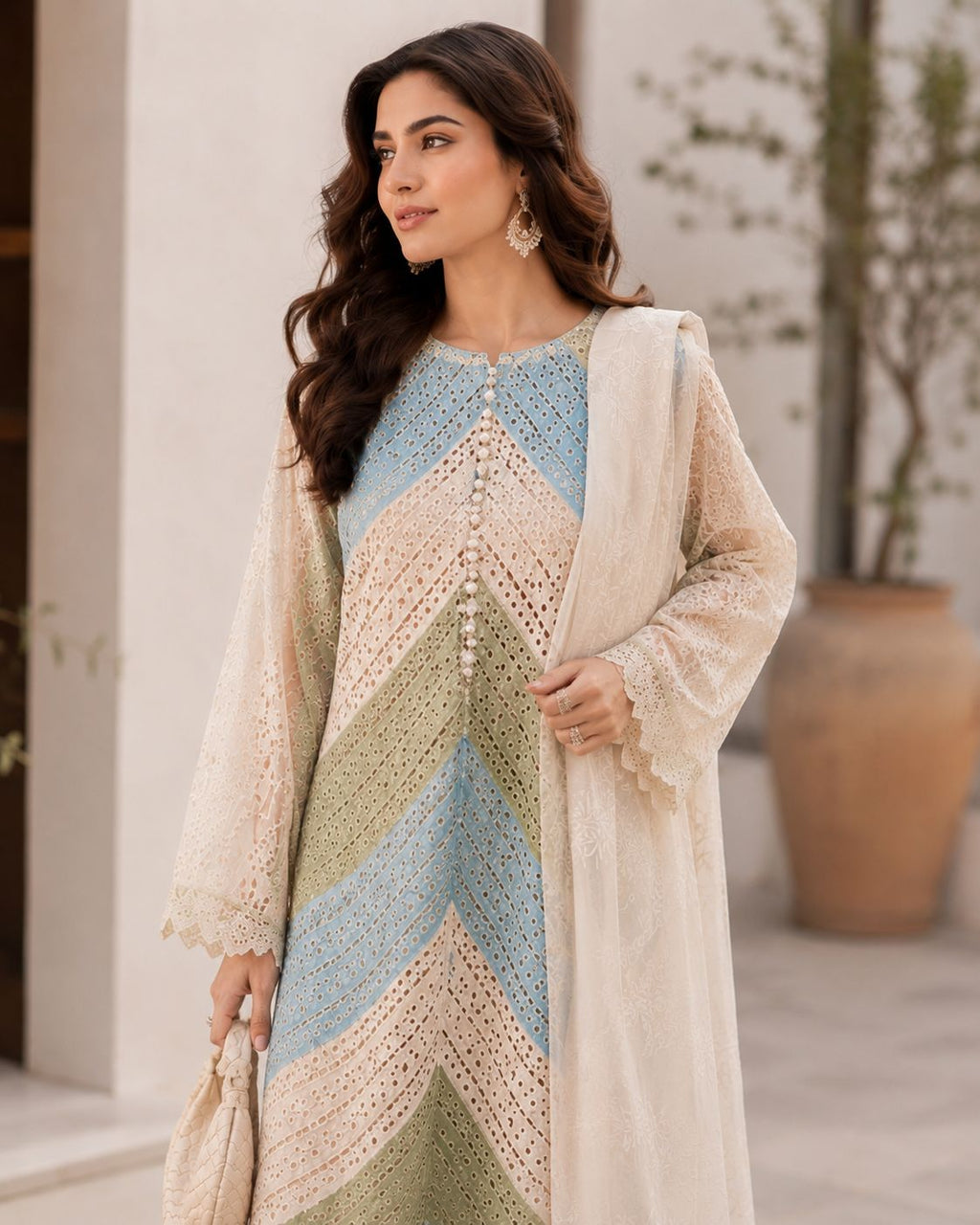 ‎‎‎‎MARIA B- 3PC LAWN HEAVY EMBROIDERED SHIRT WITH PRINTED CHIFFON  DUPATTA AND TROUSER-AHZ-0021