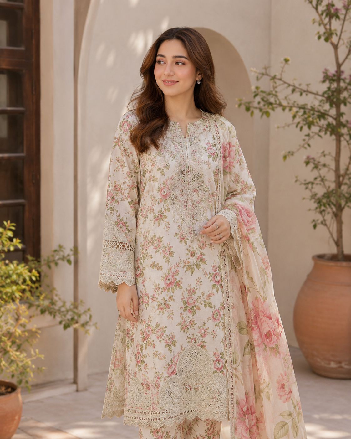 ‎‎‎‎FATIMA ZEHRA-3PC LAWN HEAVY EMBROIDERED SHIRT WITH PRINTED CHIFFON  DUPATTA AND TROUSER-AHZ-0023