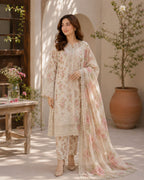 ‎‎‎‎FATIMA ZEHRA-3PC LAWN HEAVY EMBROIDERED SHIRT WITH PRINTED CHIFFON  DUPATTA AND TROUSER-AHZ-0023