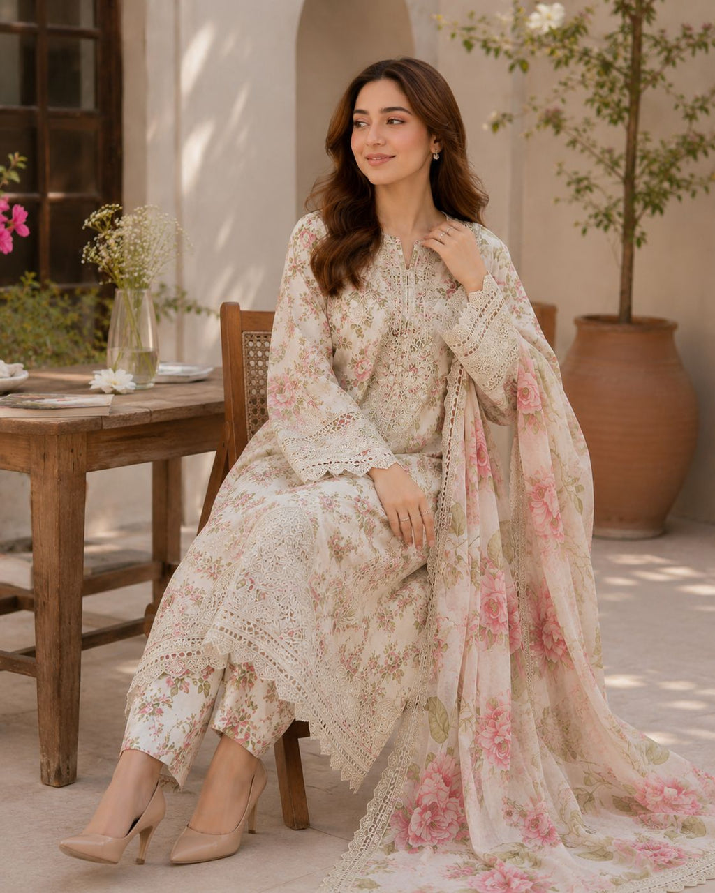 ‎‎‎‎FATIMA ZEHRA-3PC LAWN HEAVY EMBROIDERED SHIRT WITH PRINTED CHIFFON  DUPATTA AND TROUSER-AHZ-0023